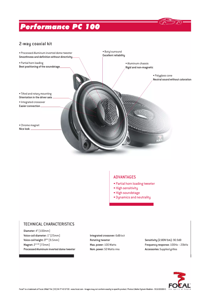 Page 1 de la notice Fiche technique Focal Performance PC 100