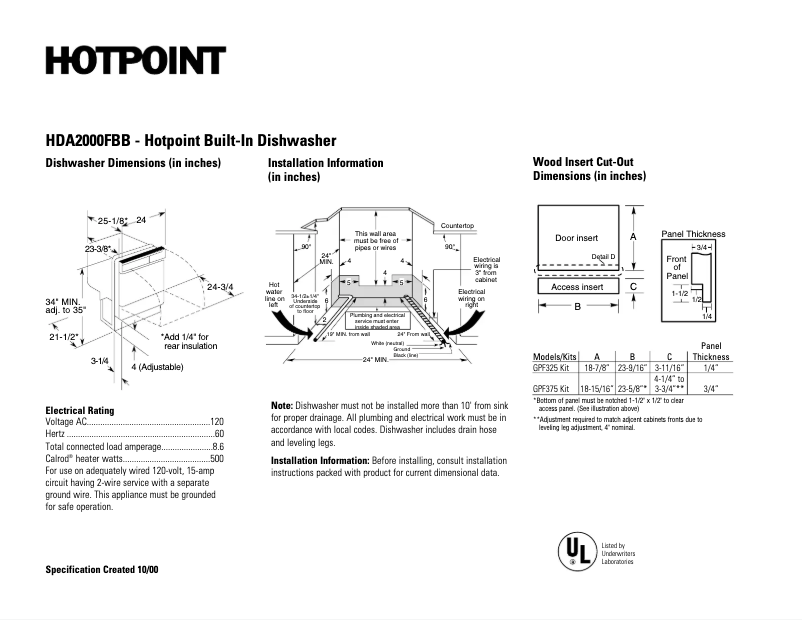 Page 1 de la notice Fiche technique Hotpoint HDA2000FBB