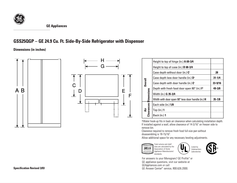 Page 1 de la notice Fiche technique GE GSS25QGPBB
