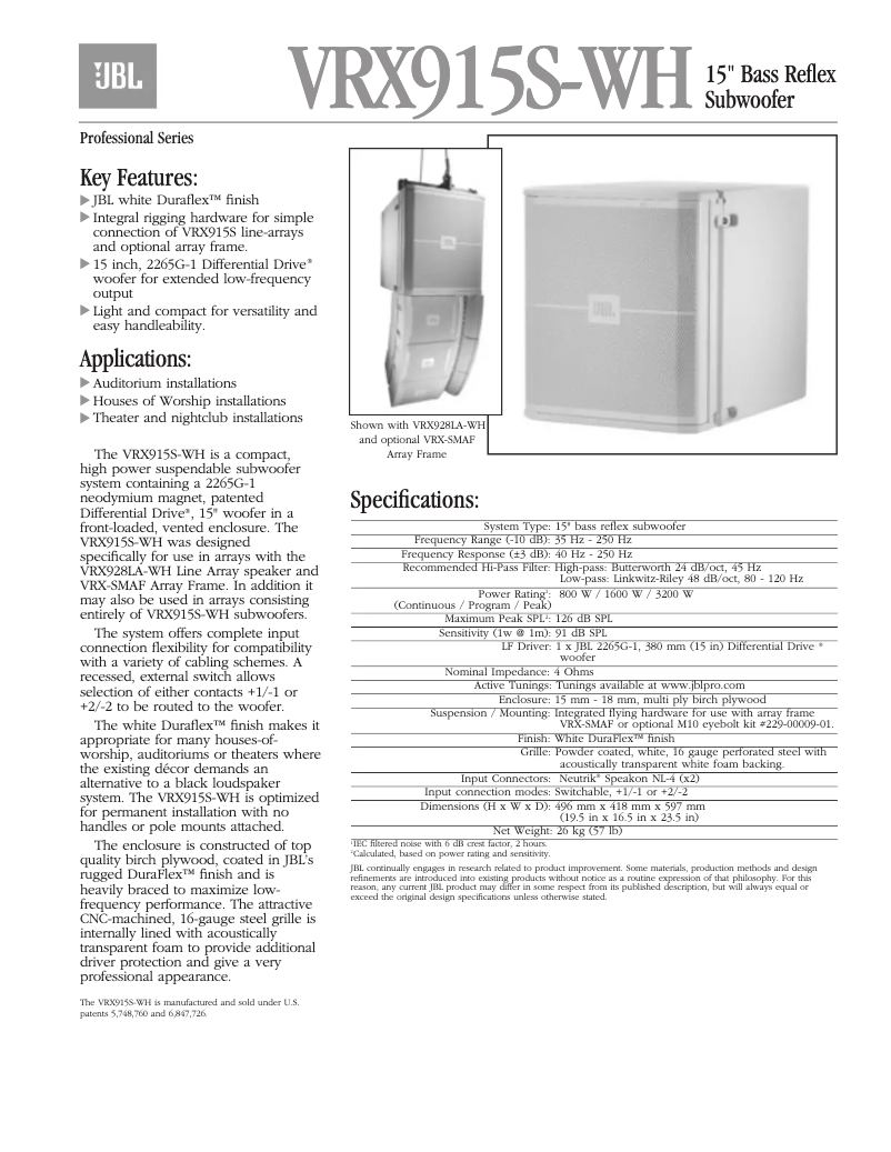 Page 1 de la notice Fiche technique JBL VRX915S