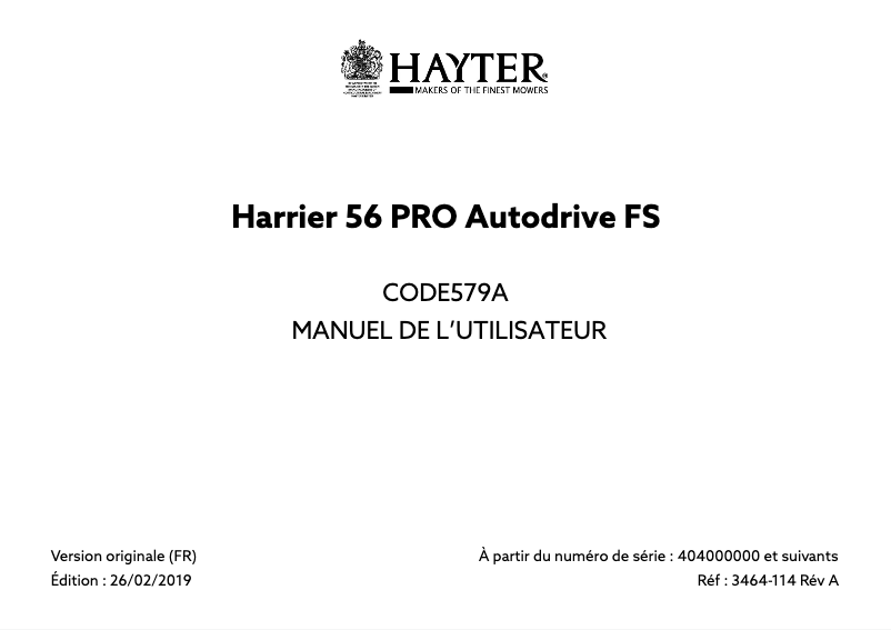 Page 1 de la notice Manuel utilisateur Hayter HARRIER 56 PRO