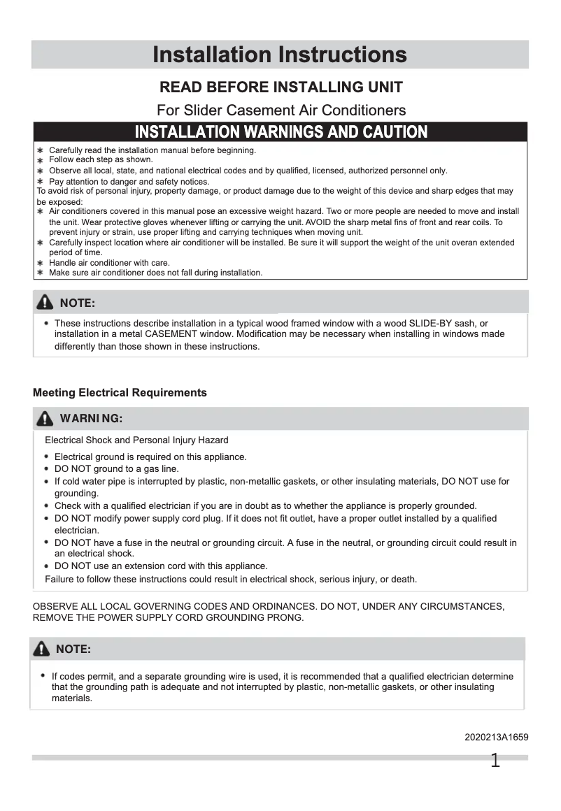 Page 1 de la notice Guide d'installation Frigidaire FHSC102WB1