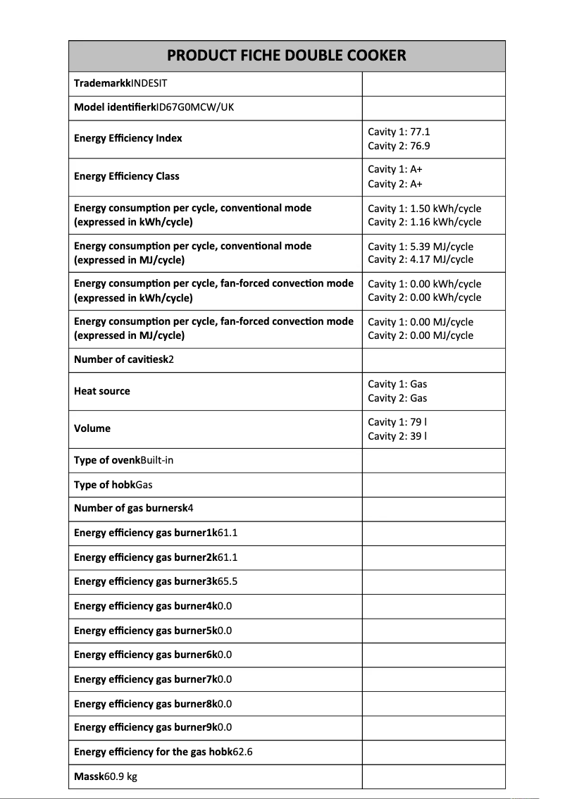 Page n°1 - Fiche technique Indesit ID67G0MCW