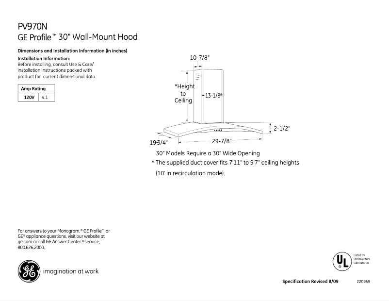 Page 1 de la notice Fiche technique GE Profile PV970NSS