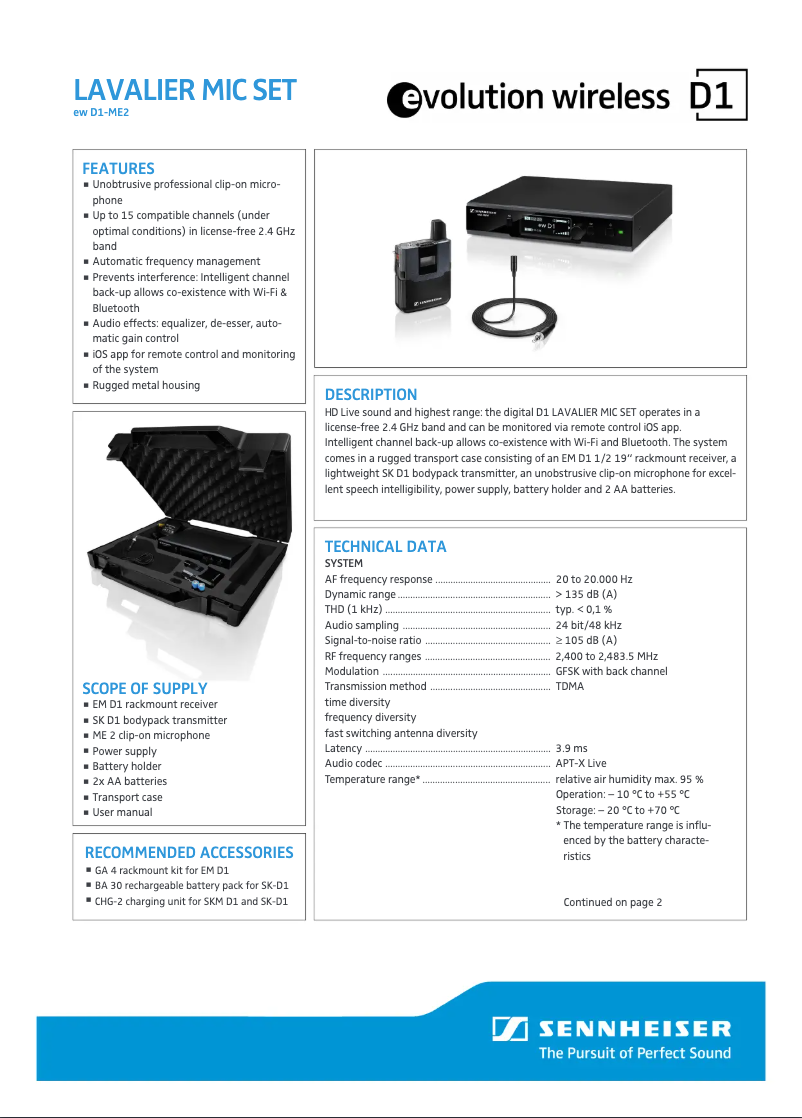Page 1 de la notice Fiche technique Sennheiser ew D1-ME 2