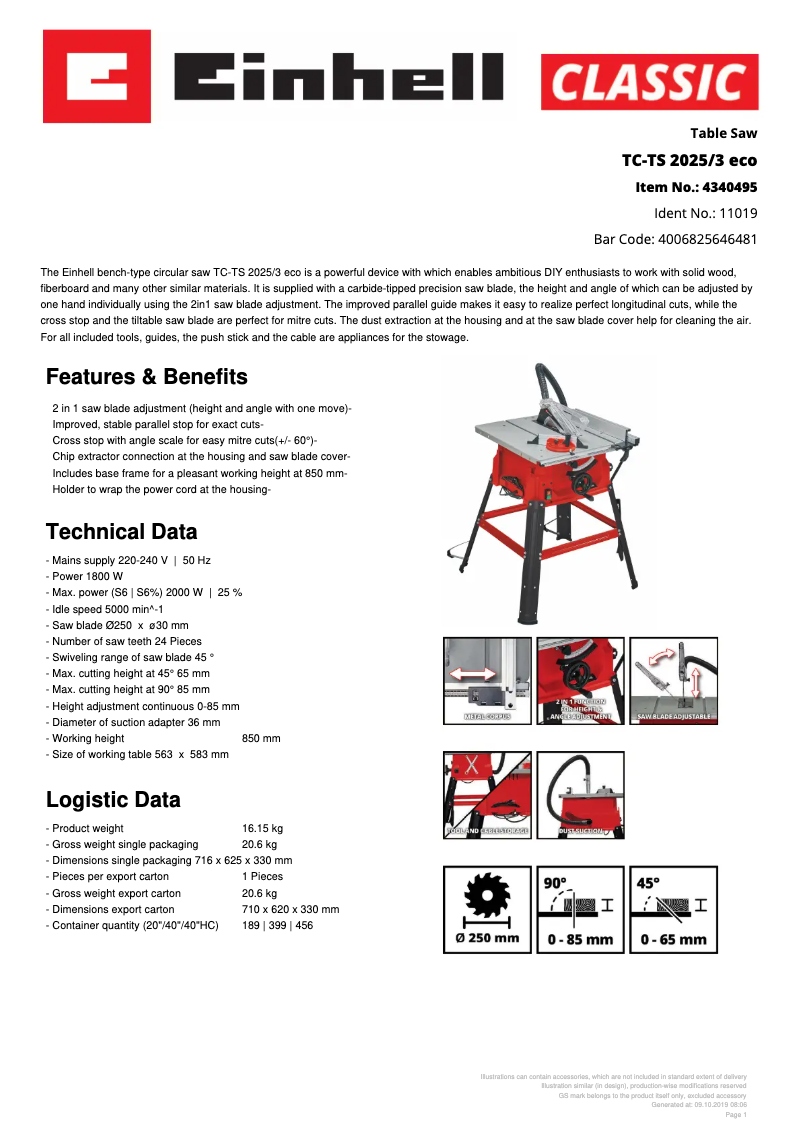 Page n°1 - Fiche technique Einhell TC-TS 2025/3 eco