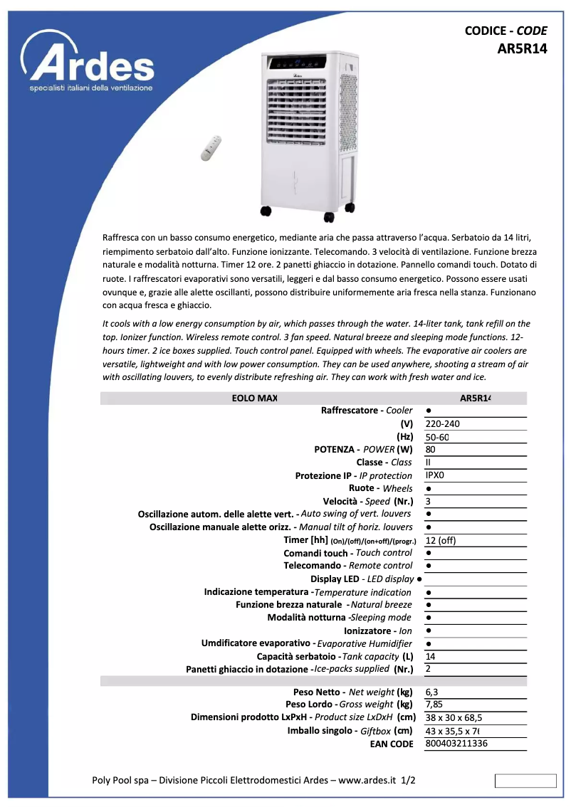 Página 1 del manual Ficha técnica Ardes AR5R14