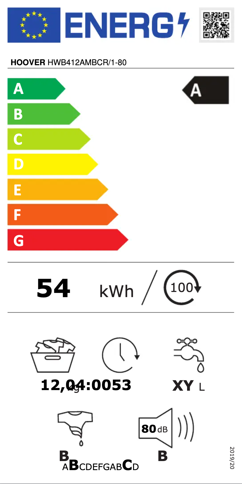 Página 1 del manual Etiqueta energética Hoover H-WASH 500 HWB412AMBCR/1-80