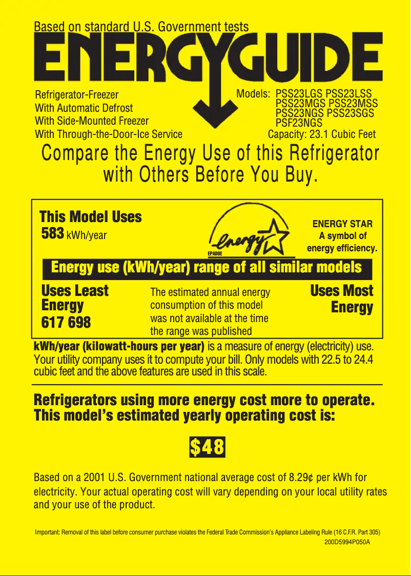 Page 1 de la notice Label énergétique GE Profile PSS23MGSBB