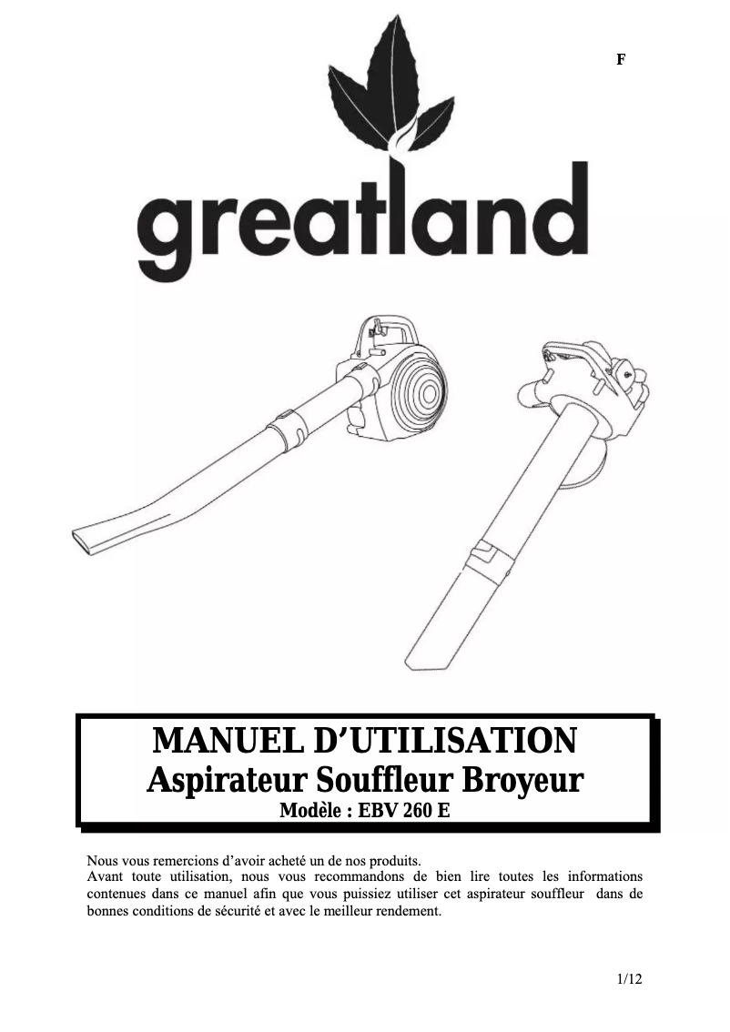 Page 1 de la notice Manuel utilisateur Greatland EBV 260 E