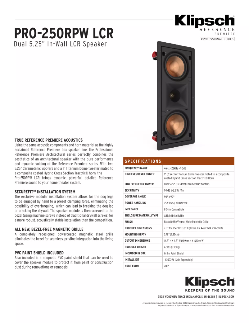 Page 1 de la notice Manuel utilisateur Klipsch PRO-250RPW