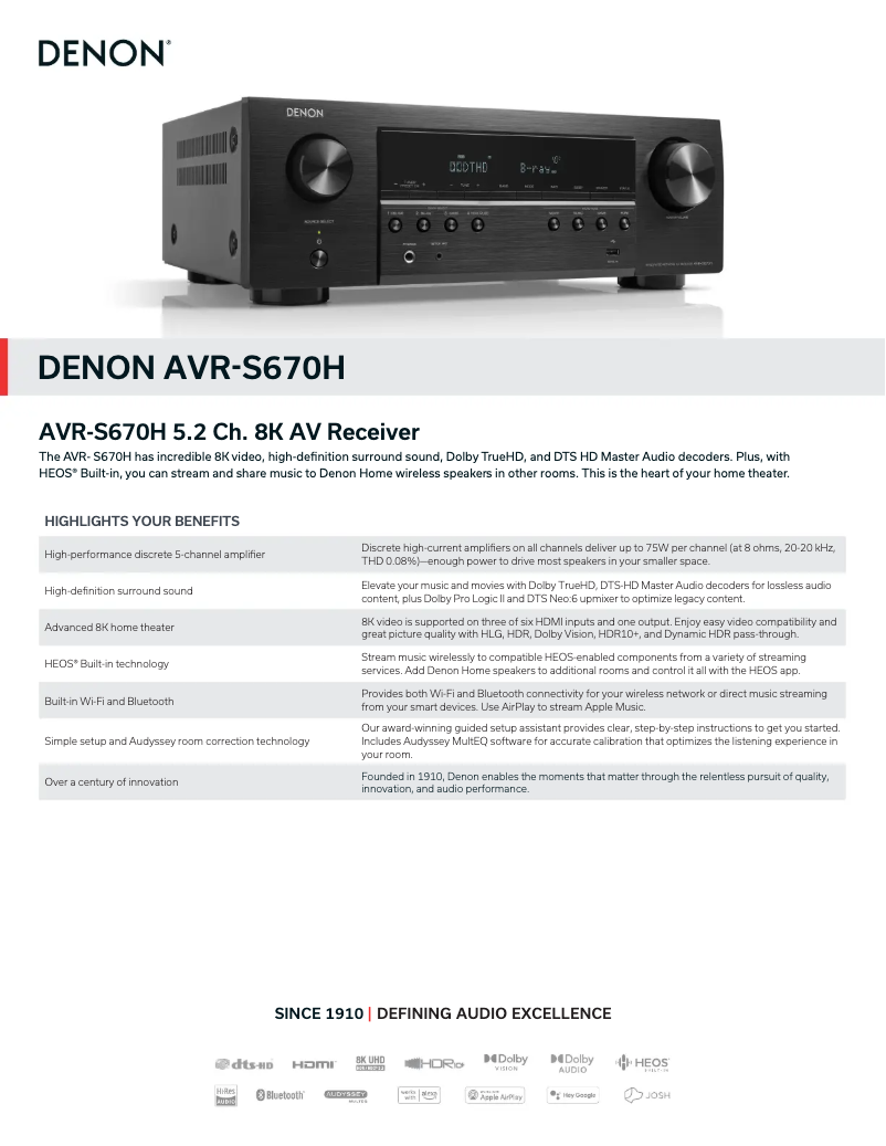 Page 1 de la notice Fiche technique Denon AVR-S670H