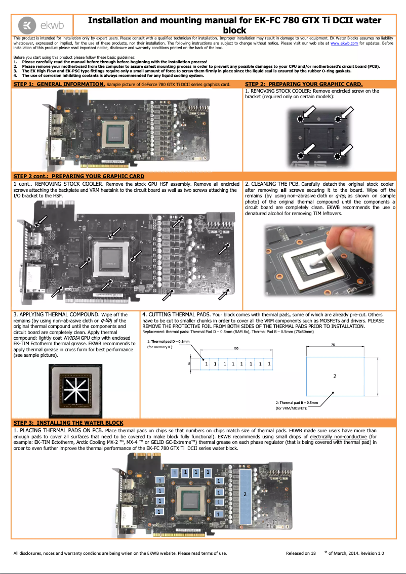 Page 1 de la notice Manuel utilisateur EK Water Blocks EK-FC780 GTX Ti DCII
