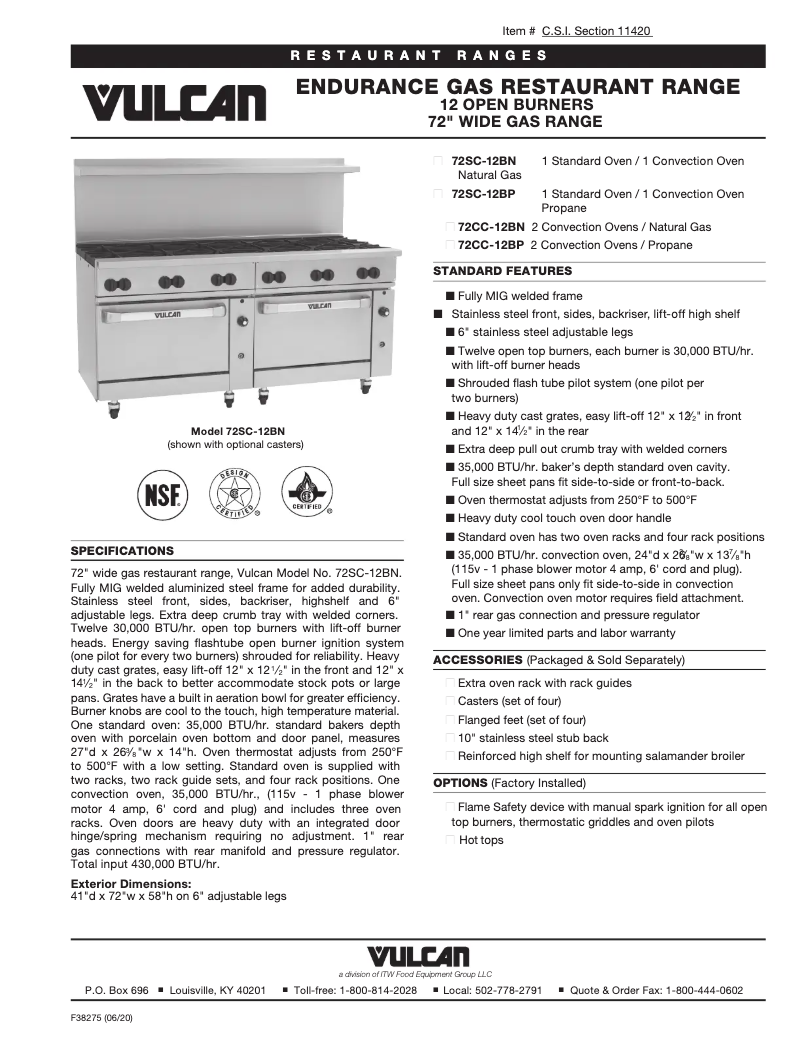 Página 1 del manual Ficha técnica Vulcan 72SC-12B