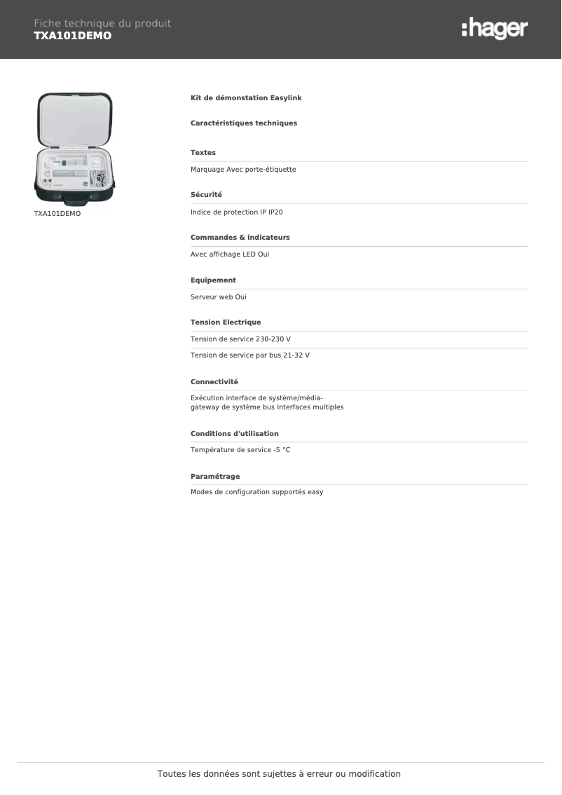 Página 1 del manual Ficha técnica Hager TXA101DEMO