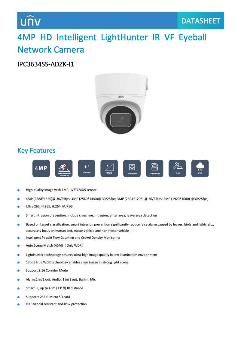 Page 1 de la notice Fiche technique UniView IPC3634SS-ADZK-I1