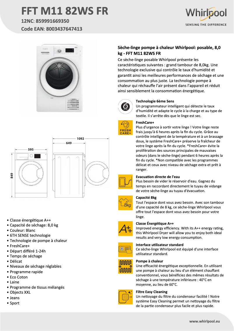 Page n°1 - Fiche technique Whirlpool FFT M11 82WS FR