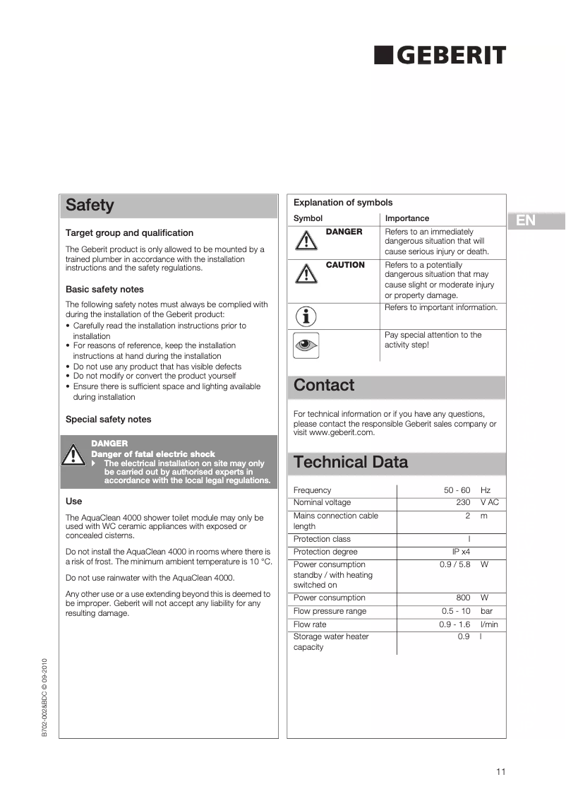 Page 1 de la notice Manuel utilisateur Geberit AquaClean 4000