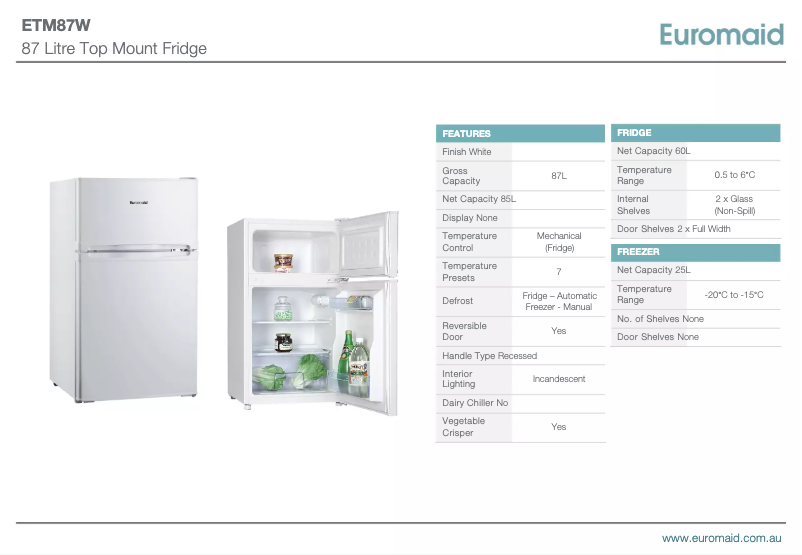 Page n°1 - Fiche technique Euromaid ETM87W