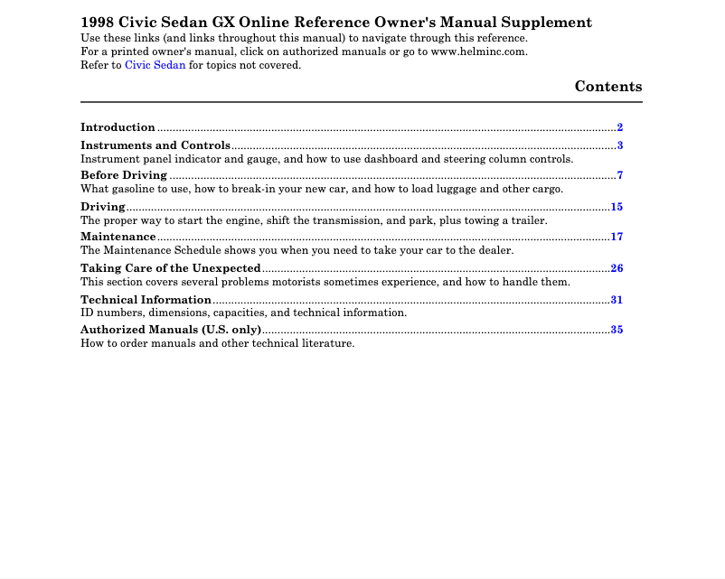 Image de la première page du manuel de l'appareil Civic (1998)