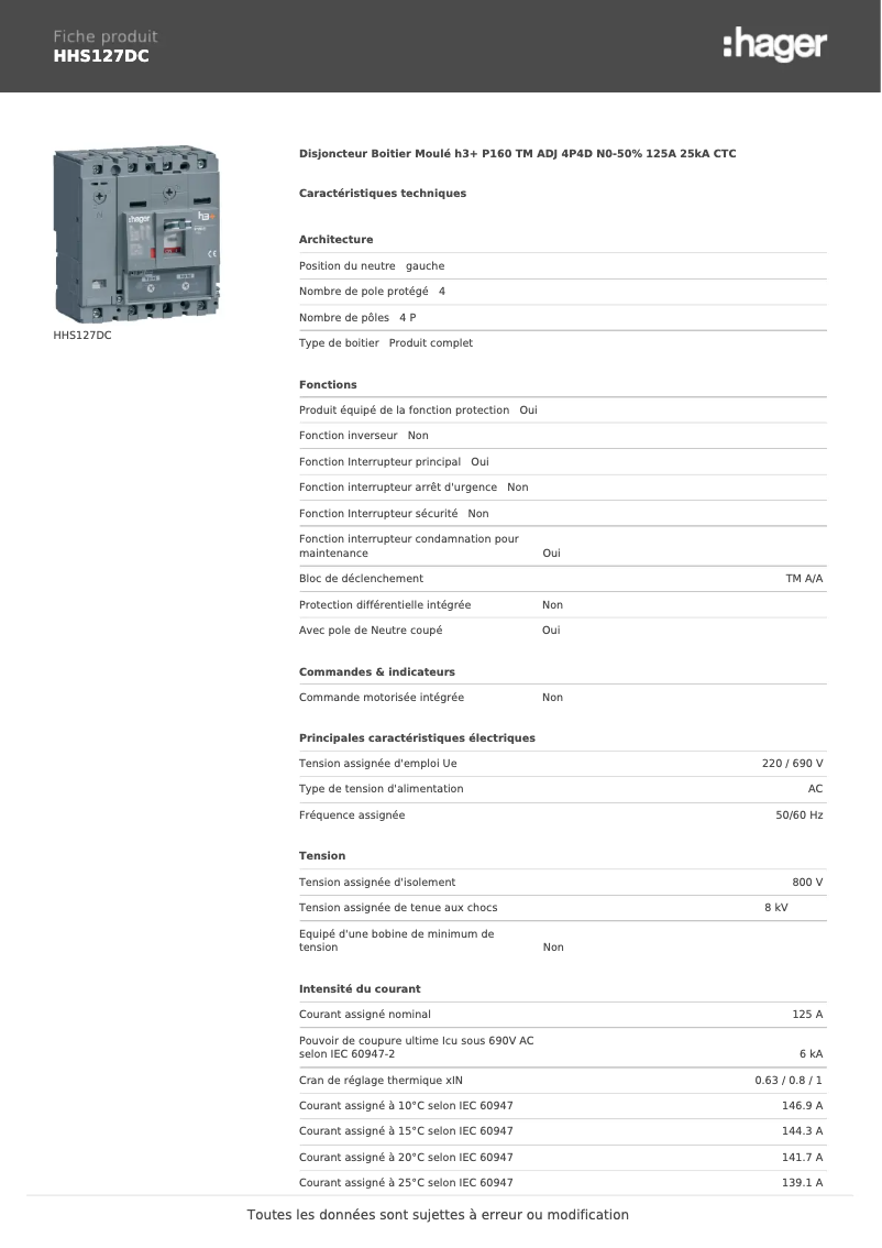 Page n°1 - Fiche technique Hager HHS127DC