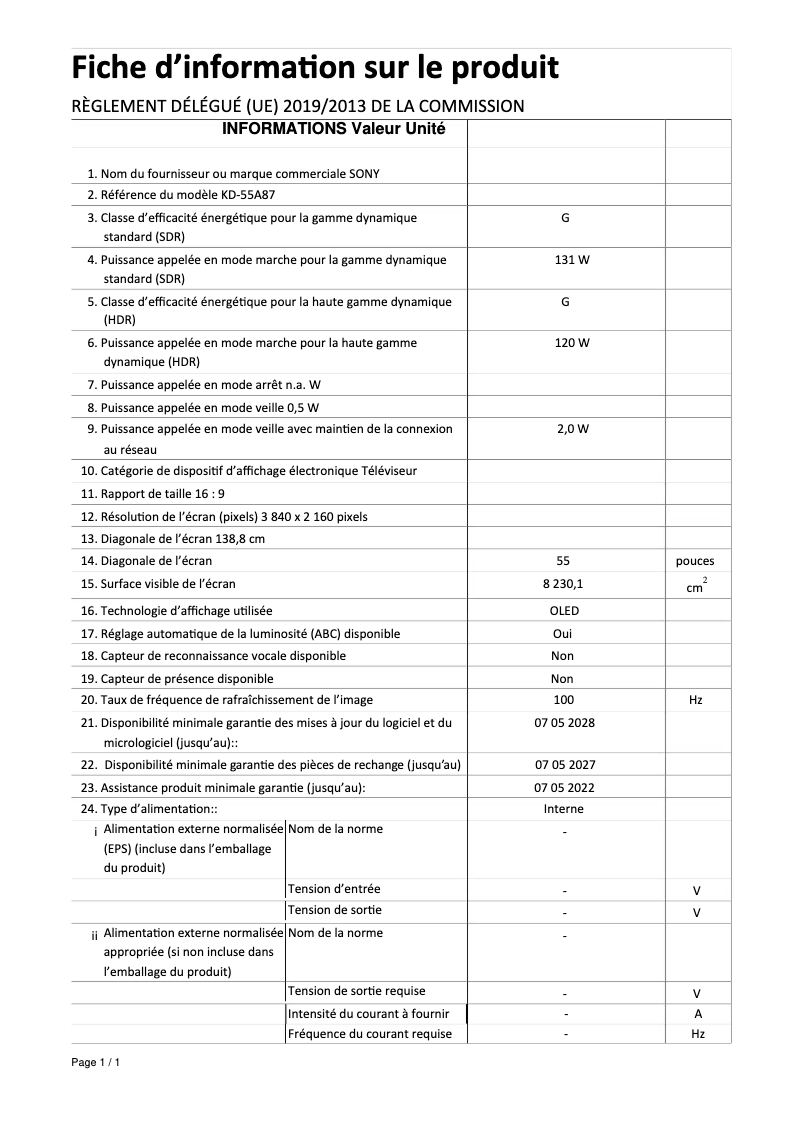 Page 1 de la notice Manuel utilisateur Sony Bravia KD-55A87