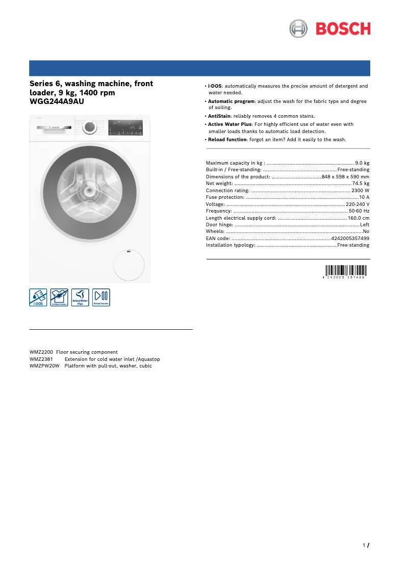 Page 1 of the manual Technical Sheet Bosch WGG244A9AU