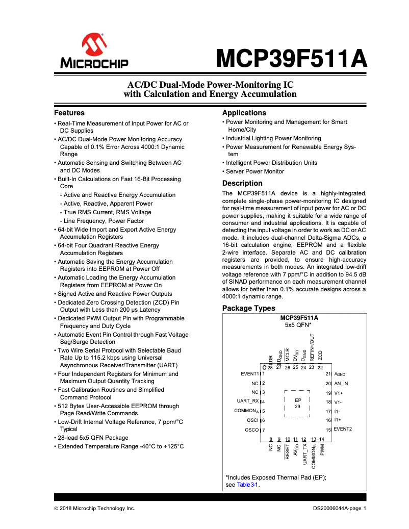 Page 1 de la notice Fiche technique Microchip MCP39F511A