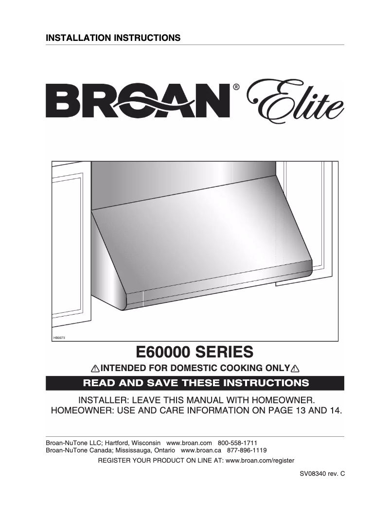 Page 1 de la notice Guide d'installation Broan E6048TSS