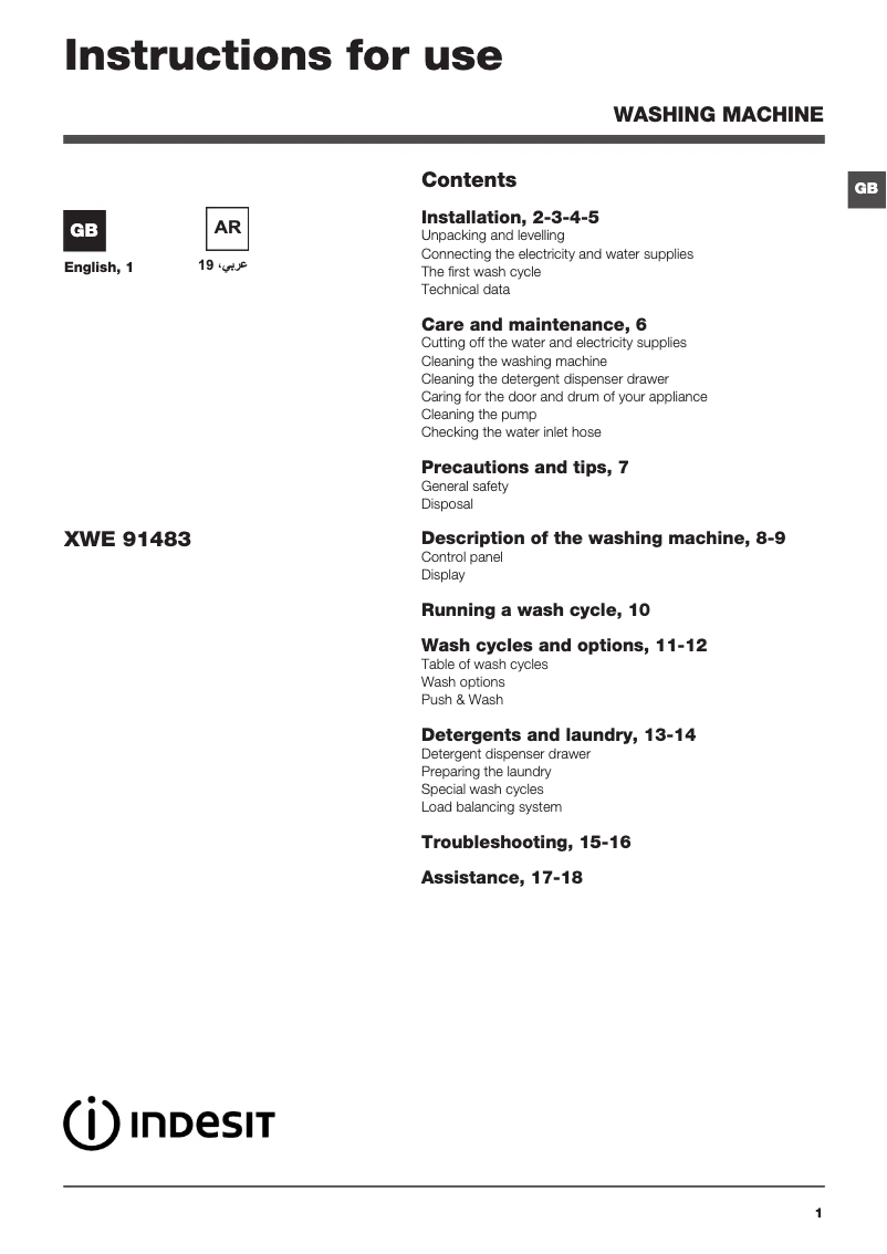 Page 1 de la notice Label énergétique Indesit XWE 91483X S UK