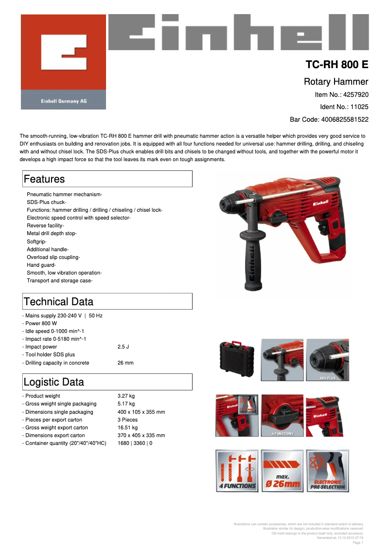 Page 1 de la notice Fiche technique Einhell TC-RH 800 E