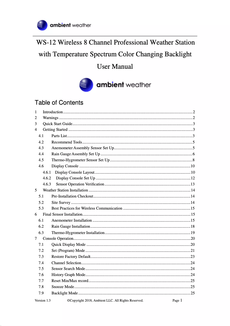 Page 1 de la notice Manuel utilisateur Ambient Weather WS-12