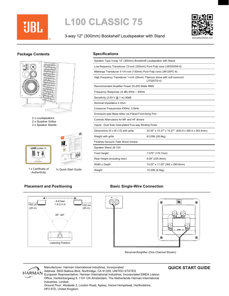 Page 1 de la notice Guide de démarrage rapide JBL L100 Classic 75