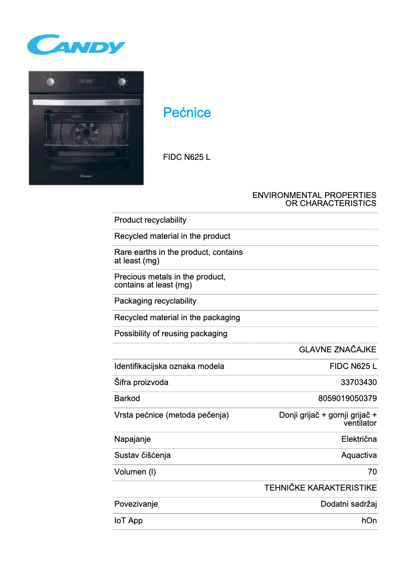 Page 1 de la notice Fiche technique Candy FIDC N625 L