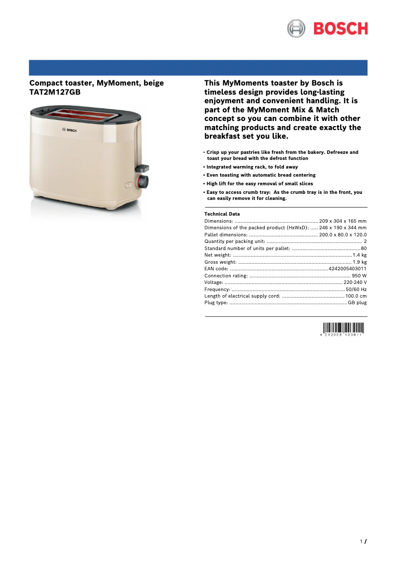 Página 1 del manual Ficha técnica Bosch TAT2M127