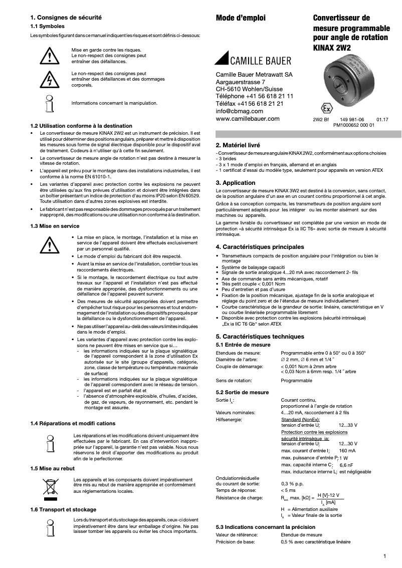 Page n°1 - Manuel utilisateur Camille Bauer KINAX 2W2