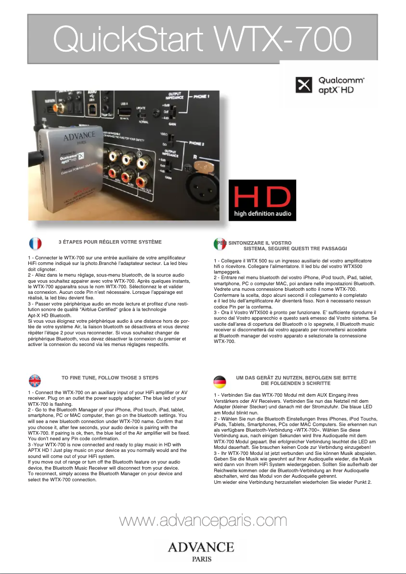 Page n°1 - Manuel utilisateur Advance WTX-700