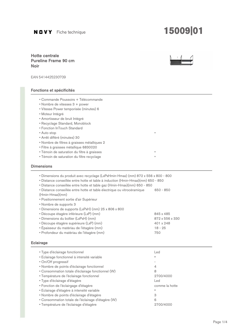 Page 1 de la notice Fiche technique Novy Pureline Frame 15009