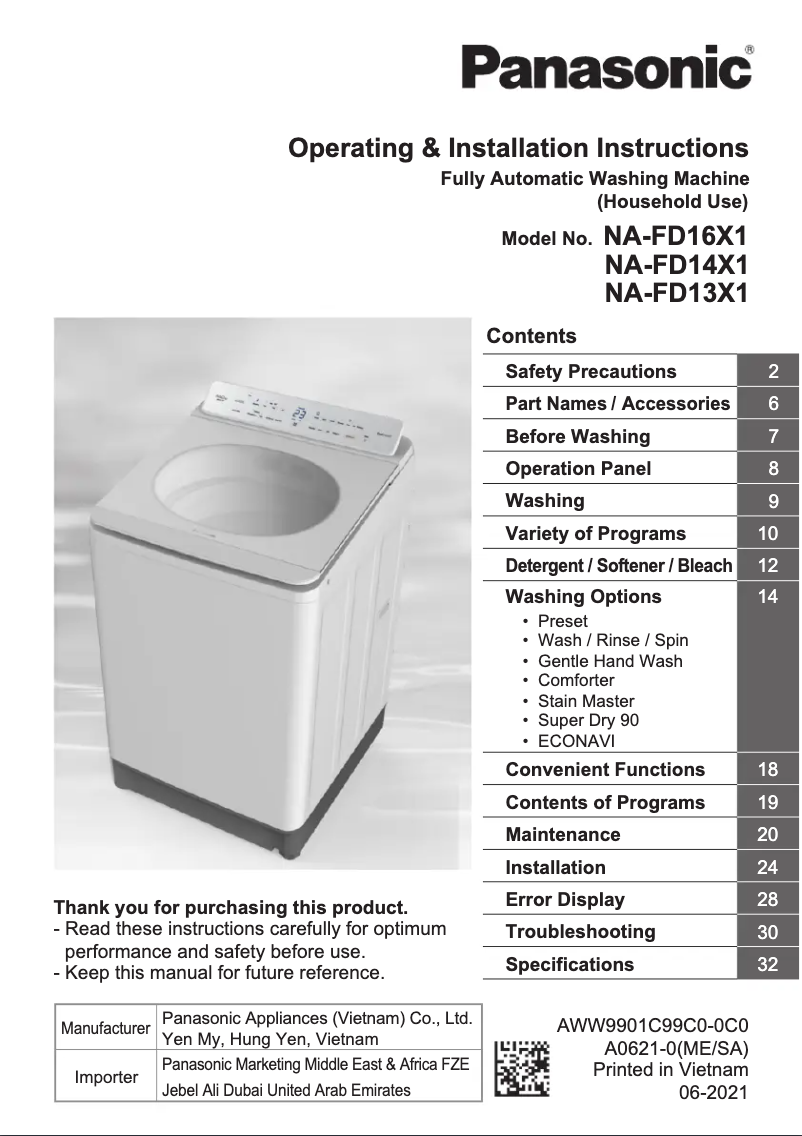 Page 1 de la notice Manuel utilisateur Panasonic NA-FD16X1