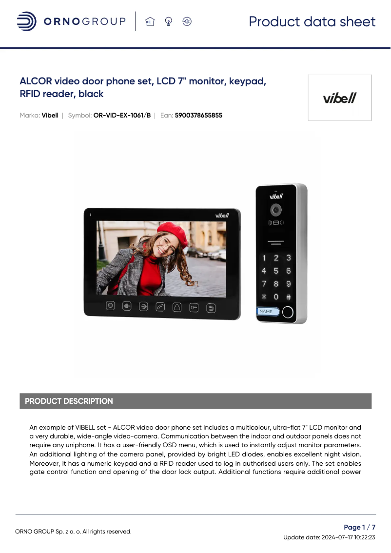 Page 1 de la notice Fiche technique Vibell OR-VID-EX-1061