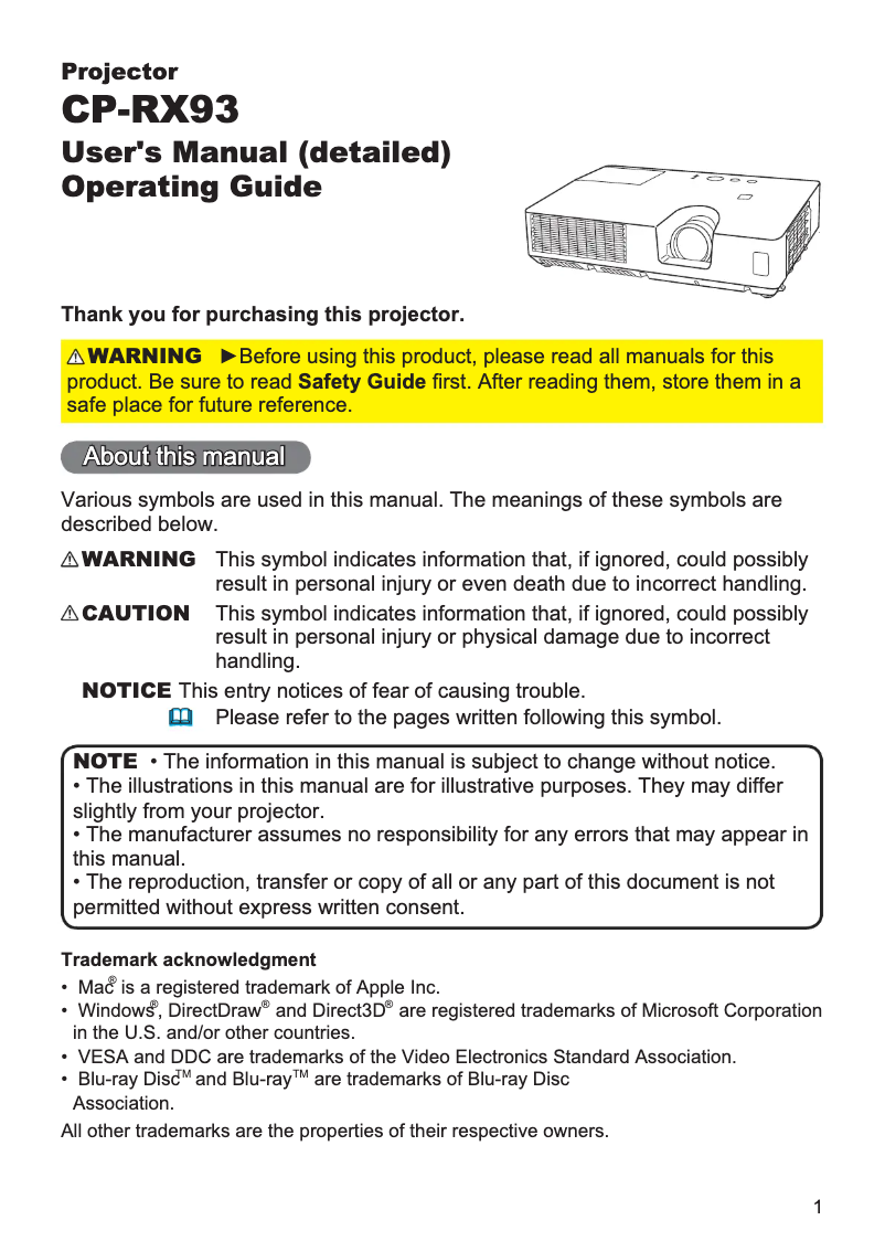Image de la première page du manuel de l'appareil CP-RX93EF