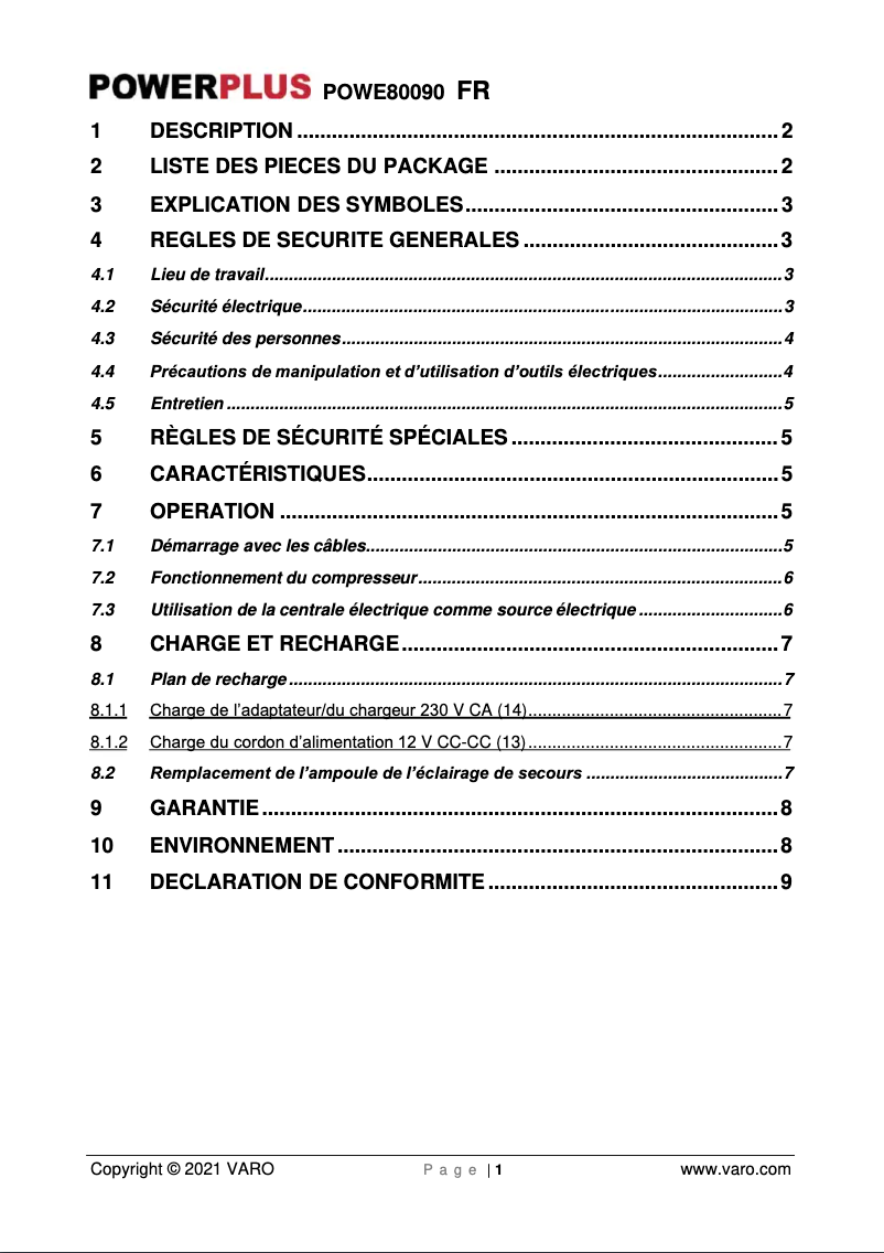 Page n°1 - Manuel utilisateur PowerPlus POWE80090