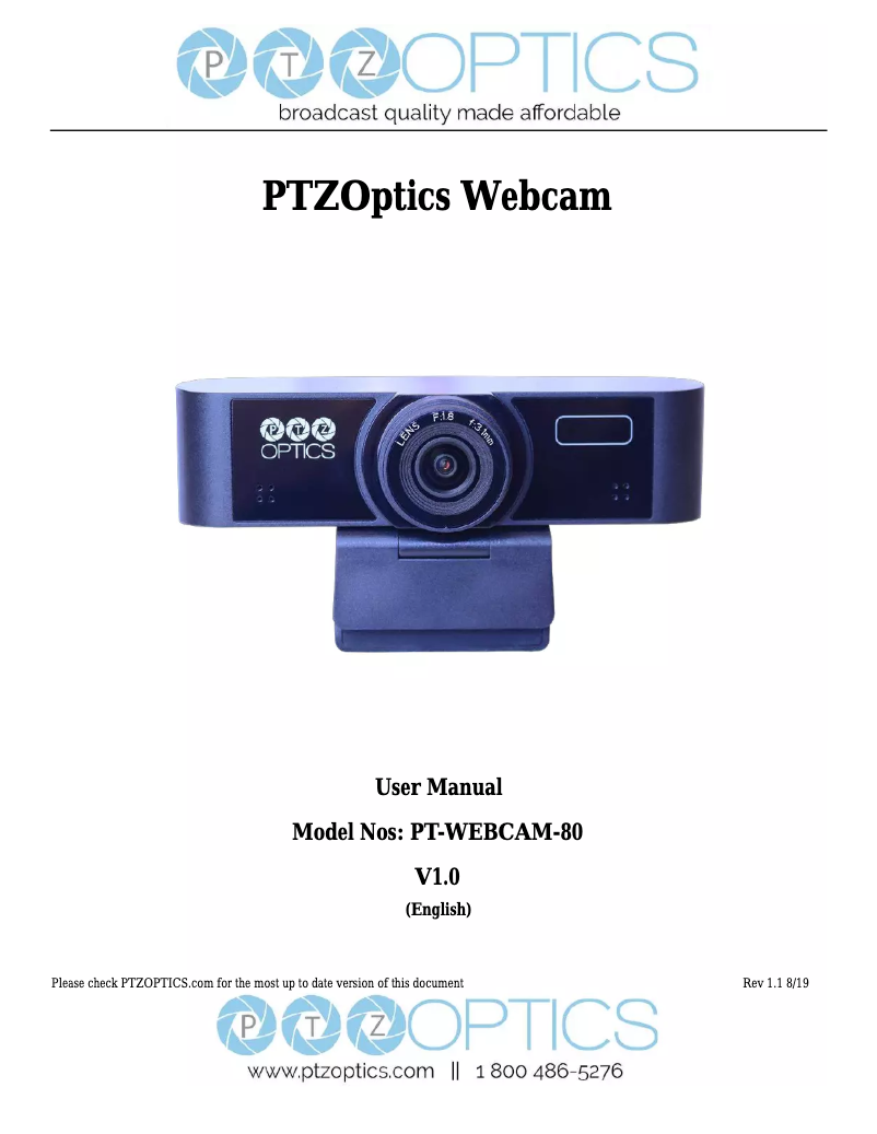 Page 1 de la notice Manuel utilisateur PTZ Optics PT-WEBCAM-80