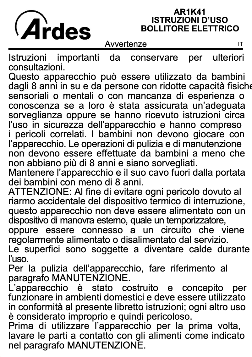 Page 1 de la notice Manuel utilisateur Ardes AR1K41