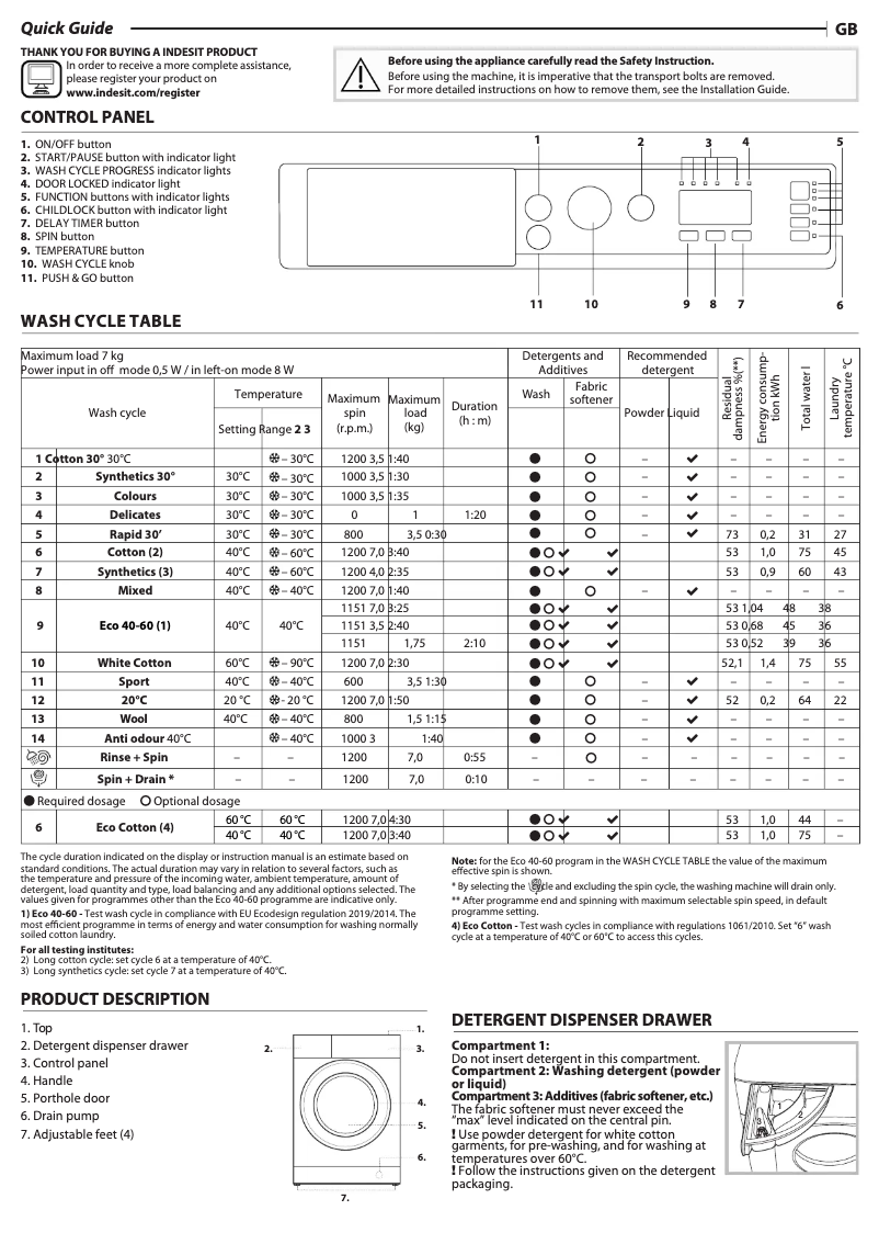 Page n°1 - Manuel utilisateur Indesit BI WMIL 71252 UK N