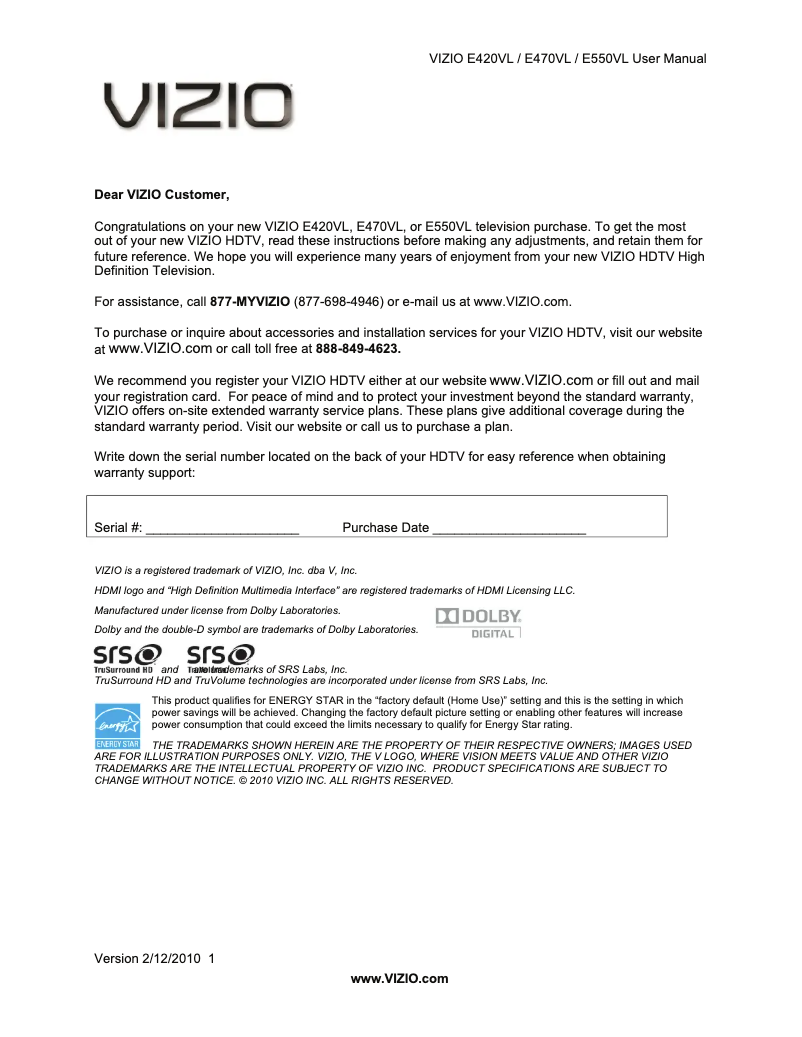 Page 1 de la notice Manuel utilisateur VIZIO E420VL