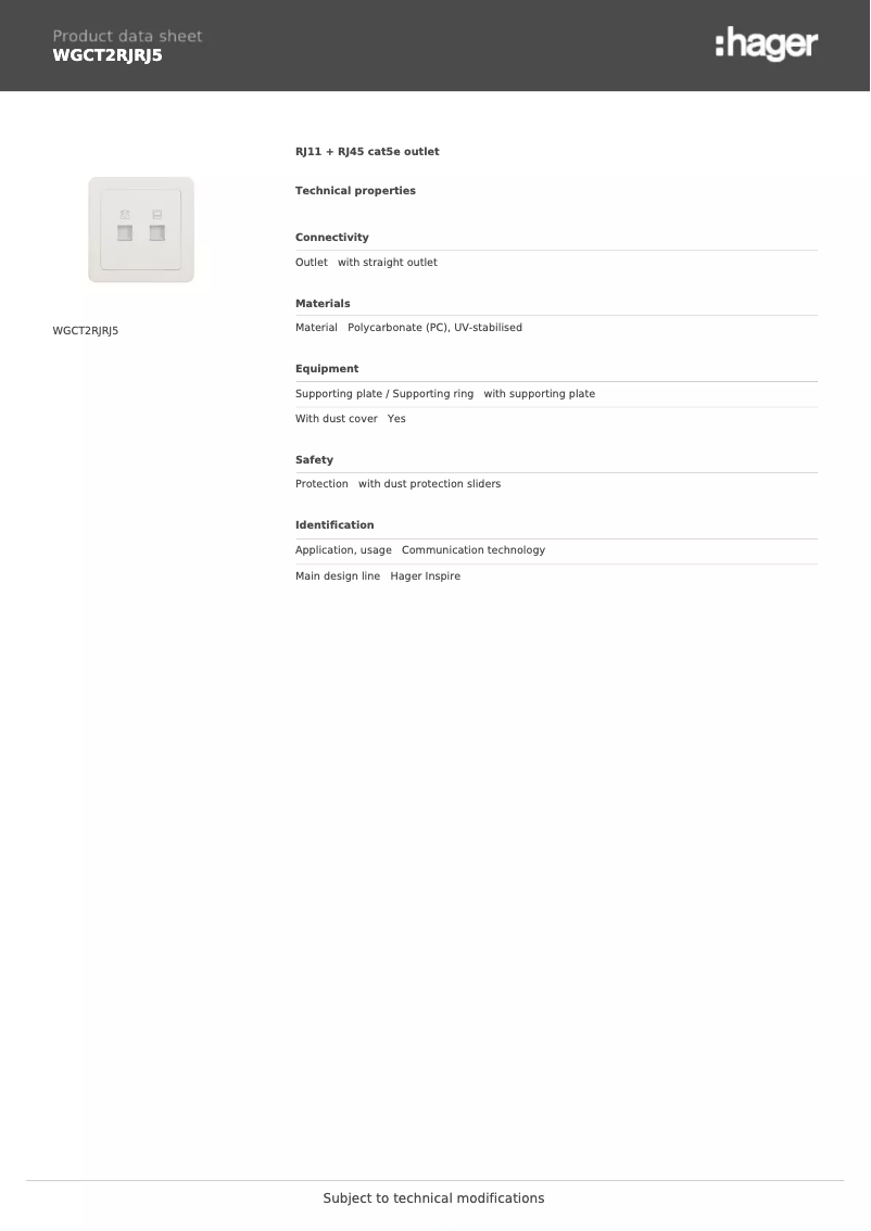 Page 1 de la notice Fiche technique Hager WGCT2RJRJ5