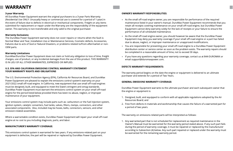 Page 1 de la notice Informations de garantie DuroMax XP13000EH