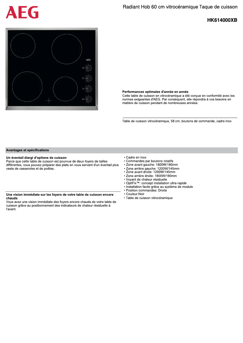 Page n°1 - Fiche technique AEG HK614000XB