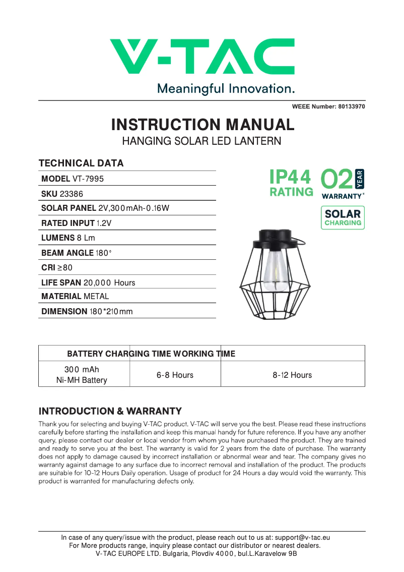 Page 1 de la notice Manuel utilisateur V-TAC VT-7995